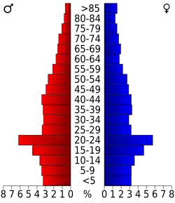 Schéma représentant la population du comté, par tranche d'âge. En rouge, à gauche, les femmes, en bleu à droite, les hommes.