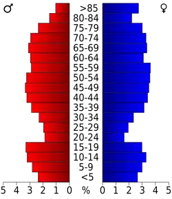 Schéma représentant la population du comté, par tranche d'âge. En rouge, à gauche, les femmes, en bleu à droite, les hommes.
