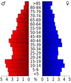 Schéma représentant la population du comté, par tranche d'âge. En rouge, à gauche, les femmes, en bleu à droite, les hommes.