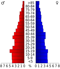 Schéma représentant la population du comté, par tranche d'âge. En rouge, à gauche, les femmes, en bleu à droite, les hommes.