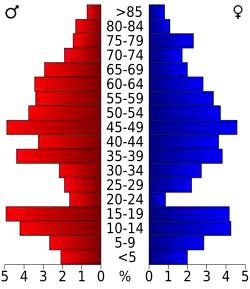 Schéma représentant la population du comté, par tranche d'âge. En rouge, à gauche, les femmes, en bleu à droite, les hommes.