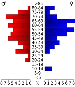 Schéma représentant la population du comté, par tranche d'âge. En rouge, à gauche, les femmes, en bleu à droite, les hommes.