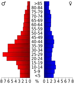 Schéma représentant la population du comté, par tranche d'âge. En rouge, à gauche, les femmes, en bleu à droite, les hommes.