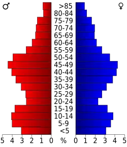 Schéma représentant la population du comté, par tranche d'âge. En rouge, à gauche, les femmes, en bleu à droite, les hommes.
