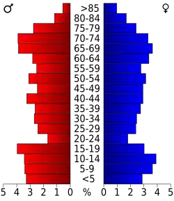 Schéma représentant la population du comté, par tranche d'âge. En rouge, à gauche, les femmes, en bleu à droite, les hommes.