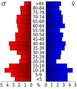 Schéma représentant la population du comté, par tranche d'âge. En rouge, à gauche, les femmes, en bleu à droite, les hommes.