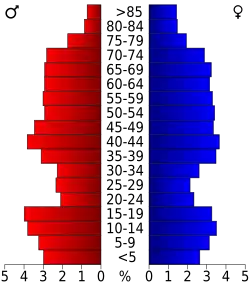 Schéma représentant la population du comté, par tranche d'âge. En rouge, à gauche, les femmes, en bleu à droite, les hommes.
