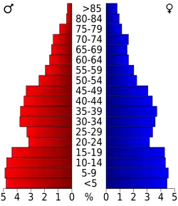 Schéma représentant la population du comté, par tranche d'âge. En rouge, à gauche, les femmes, en bleu à droite, les hommes.