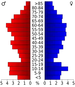 Schéma représentant la population du comté, par tranche d'âge. En rouge, à gauche, les femmes, en bleu à droite, les hommes.