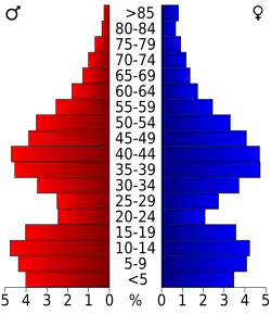 Schéma représentant la population du comté, par tranche d'âge. En rouge, à gauche, les femmes, en bleu à droite, les hommes.