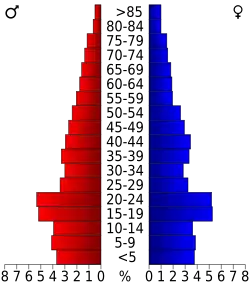 Schéma représentant la population du comté, par tranche d'âge. En rouge, à gauche, les femmes, en bleu à droite, les hommes.