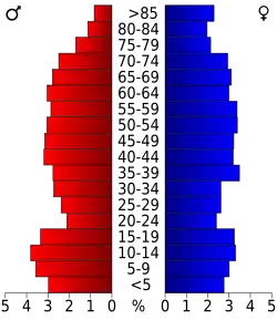 Schéma représentant la population du comté, par tranche d'âge. En rouge, à gauche, les femmes, en bleu à droite, les hommes.