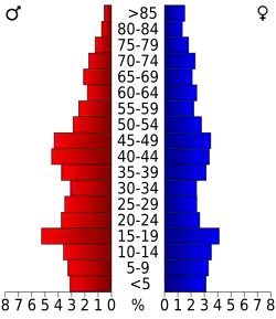 Schéma représentant la population du comté, par tranche d'âge. En rouge, à gauche, les femmes, en bleu à droite, les hommes.