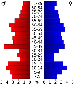 Schéma représentant la population du comté, par tranche d'âge. En rouge, à gauche, les femmes, en bleu à droite, les hommes.