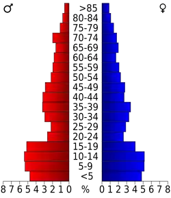 Schéma représentant la population du comté, par tranche d'âge. En rouge, à gauche, les femmes, en bleu à droite, les hommes.