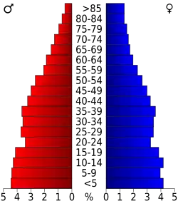 Schéma représentant la population du comté, par tranche d'âge. En rouge, à gauche, les femmes, en bleu à droite, les hommes.