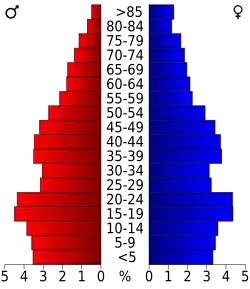 Schéma représentant la population du comté, par tranche d'âge. En rouge, à gauche, les femmes, en bleu à droite, les hommes.