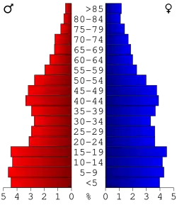 Schéma représentant la population du comté, par tranche d'âge. En rouge, à gauche, les femmes, en bleu à droite, les hommes.