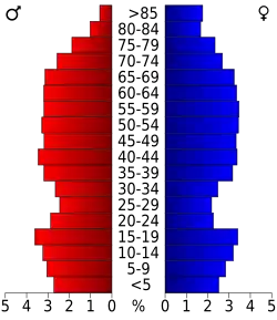 Schéma représentant la population du comté, par tranche d'âge. En rouge, à gauche, les femmes, en bleu à droite, les hommes.