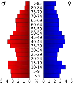 Schéma représentant la population du comté, par tranche d'âge. En rouge, à gauche, les femmes, en bleu à droite, les hommes.