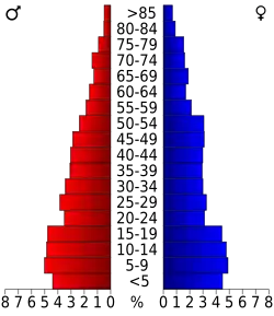 Schéma représentant la population du comté, par tranche d'âge. En rouge, à gauche, les femmes, en bleu à droite, les hommes.
