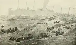 Représentation du naufrage d'un navire avec au premier plan des canots de sauvetage et en arrière-plan le navire qui sombre.