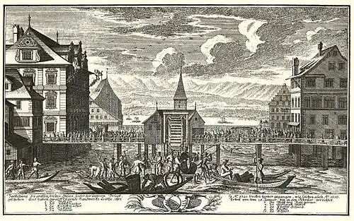 Zürcher Rathausbrücke, 1740: Küfer arbeiten auf dem Limmatstein an einem grossen Fass