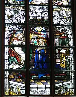 Vitrail du chœur de l'église Saint-Georges d'Ulm, représentant l'Annonciation dans le goût de la Renaissance (1907)