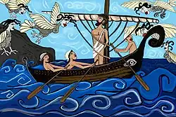 Toile numérique de Caroline Cavalier représentant une version contemporaine d'Ulysse tentant d'échapper aux sirènes.