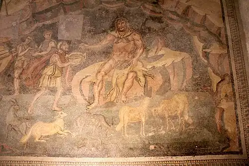 Ulysse offrant un soporifique à Polyphème (avec trois yeux au lieu d'un seul).