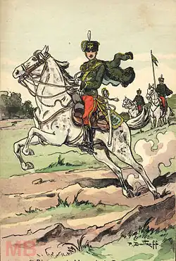 Dessin d'un cavalier sur un cheval blanc cabré, vus de profil.