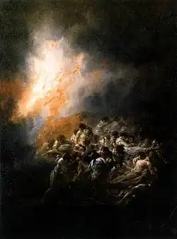 Tableau de Goya : grandes flammes à gauche, gens entassés et enchevêtrés tentant de fuir à droite.