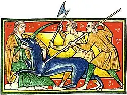 une licorne bleue blessée au flanc par deux hommes réconfortée par une femme.