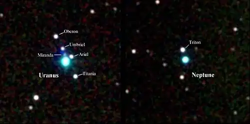 photo présentant à gauche le système uranien et à droite le système neptunien.