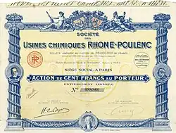 Action de l'émission de fondation de la Société des Usines Chimiques Rhône-Poulenc de 100 francs, émise le 5 septembre 1928 à Paris, avec la signature d'Hippolyte-Eugène Boyer en tant que président du conseil d'administration