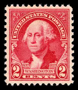 Timbre-poste, 2¢ rouge, bicentenaire G. Washington, 1932.