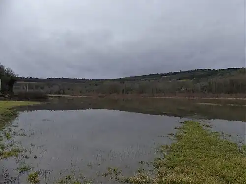 La Vézère en crue, face à la Roque Saint-Christophe (janvier 2018).