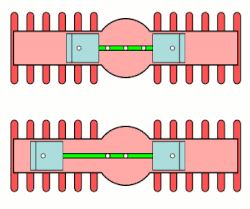 Principe de fonctionnement d'un moteur à plat boxer (en haut) et en V à 180° (en bas).