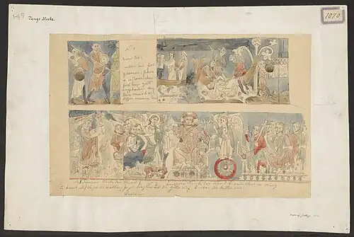 Décorations peintes dans le chœur : Christ sur son trône, les joues percées par une épée, selon la légende de Saint Hallvard&nbsp;(en).