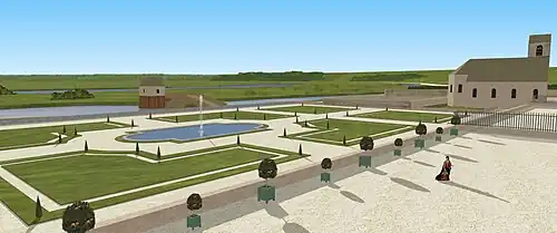 Restitution de la vue depuis le premier étage du château de Villennes côté cour d'entrée, vers 1700.