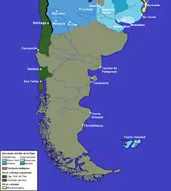 Frontière sud de la Vice-royauté du Pérou en 1684 avec l'Araucanie mapuche et la Capitainerie du Chili, sur le versant occidental des Andes, et les territoires patagónico-pampéens tehuelches, du côté oriental, y compris les Établissements coloniaux de la Patagonie atlantiques fondés ultérieurement au XVIIIe&nbsp;siècle.