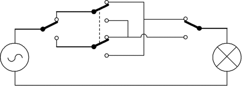 Schéma électrique d'un va-et-vient à 3&nbsp;interrupteurs.
