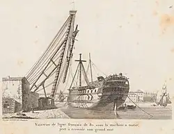 Un vaisseau de 80 canons sous la machine à mâter au début du XIXe siècle.