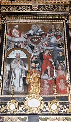 Tableau du Suffrage représentant la Sainte Trinité, la Vierge Marie tenant son sein, un ange montrant Dieu aux âmes du Purgatoire et Jacques le Juste ou le Mineur, premier évêque de Jérusalem, en prière (1650)