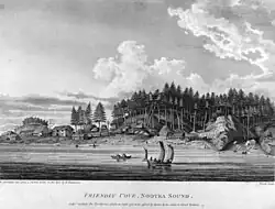 Gravure représentant le comptoir de Friendly Cove dans la baie de Nootka en 1791.