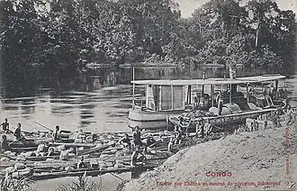 Vapeur sur l'Alima et convoi de pirogues Bafourous.