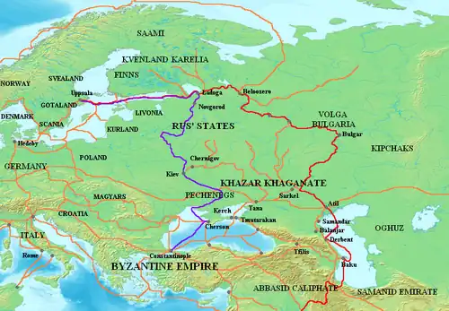 Route commerciale de la Volga et route commerciale des Varègues aux Grecs.