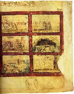 Vieux feuillet sur lequel on aperçoit 2 colonnes de 3 miniatures, celle en bas à droite étant abîmée sur le côté.