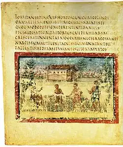 Vieux feuillet avec 7 lignes de texte et une illustration en bas avec des gens au 1er&nbsp;plan et une bâtisse en fond.