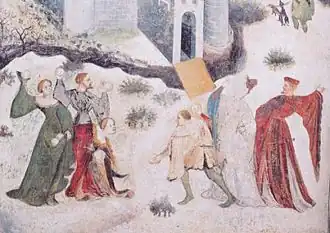Scène médiévale (c. 1400) dépeignant une bataille de boules de neige.
